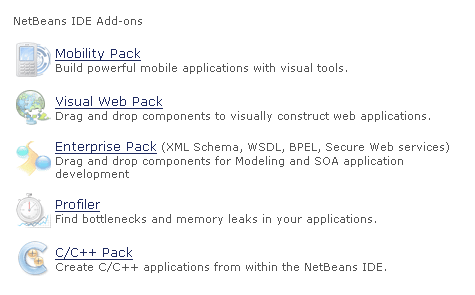 les différents packs disponibles pour NetBeans 5.5