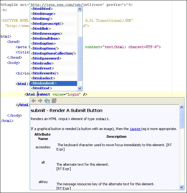 Visualise Code Completion & Javadoc des tags Struts